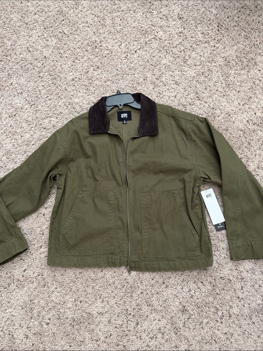 NYC Olive Green Utility Jacket with Dark Brown Corduroy Collar